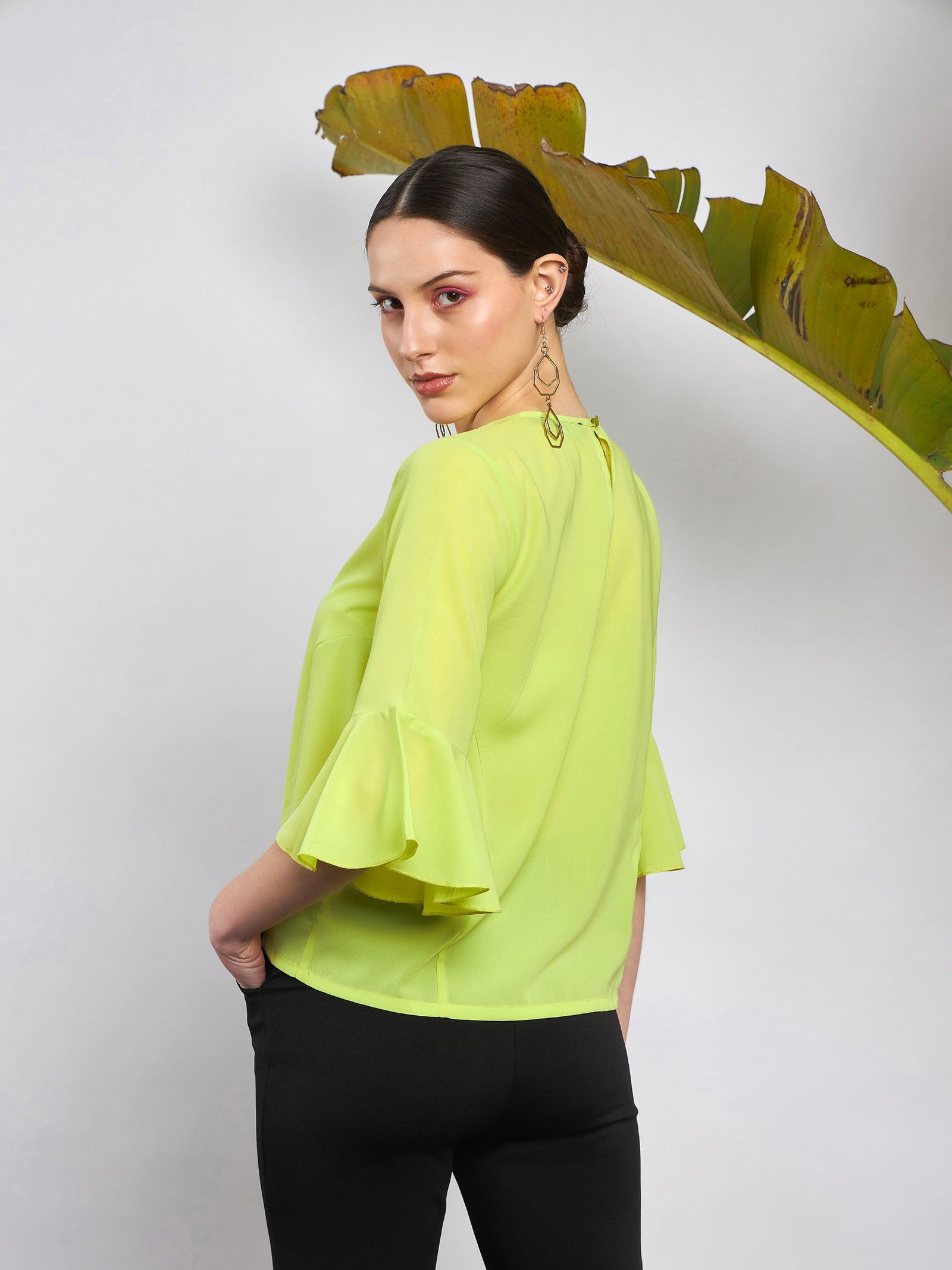 Lime Green Ruffle Sleeve Top-SASSAFRAS