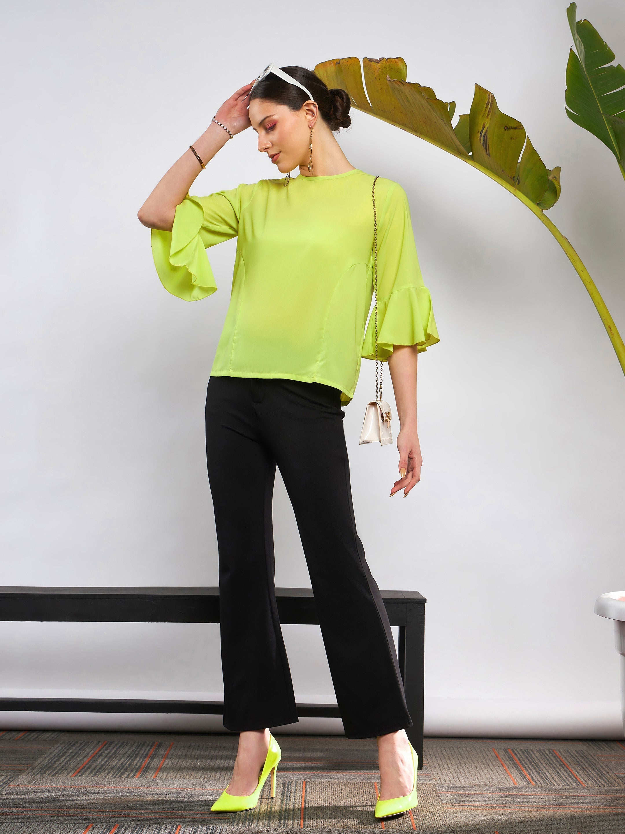 Lime Green Ruffle Sleeve Top-SASSAFRAS