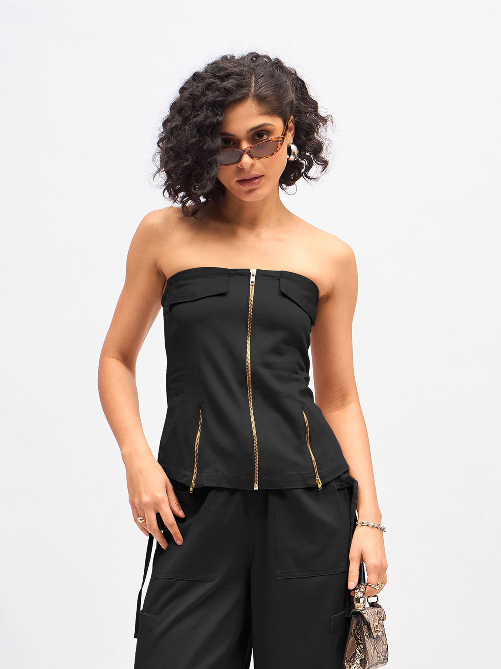 Women Black Twill Front Zip Detail Corset Top
