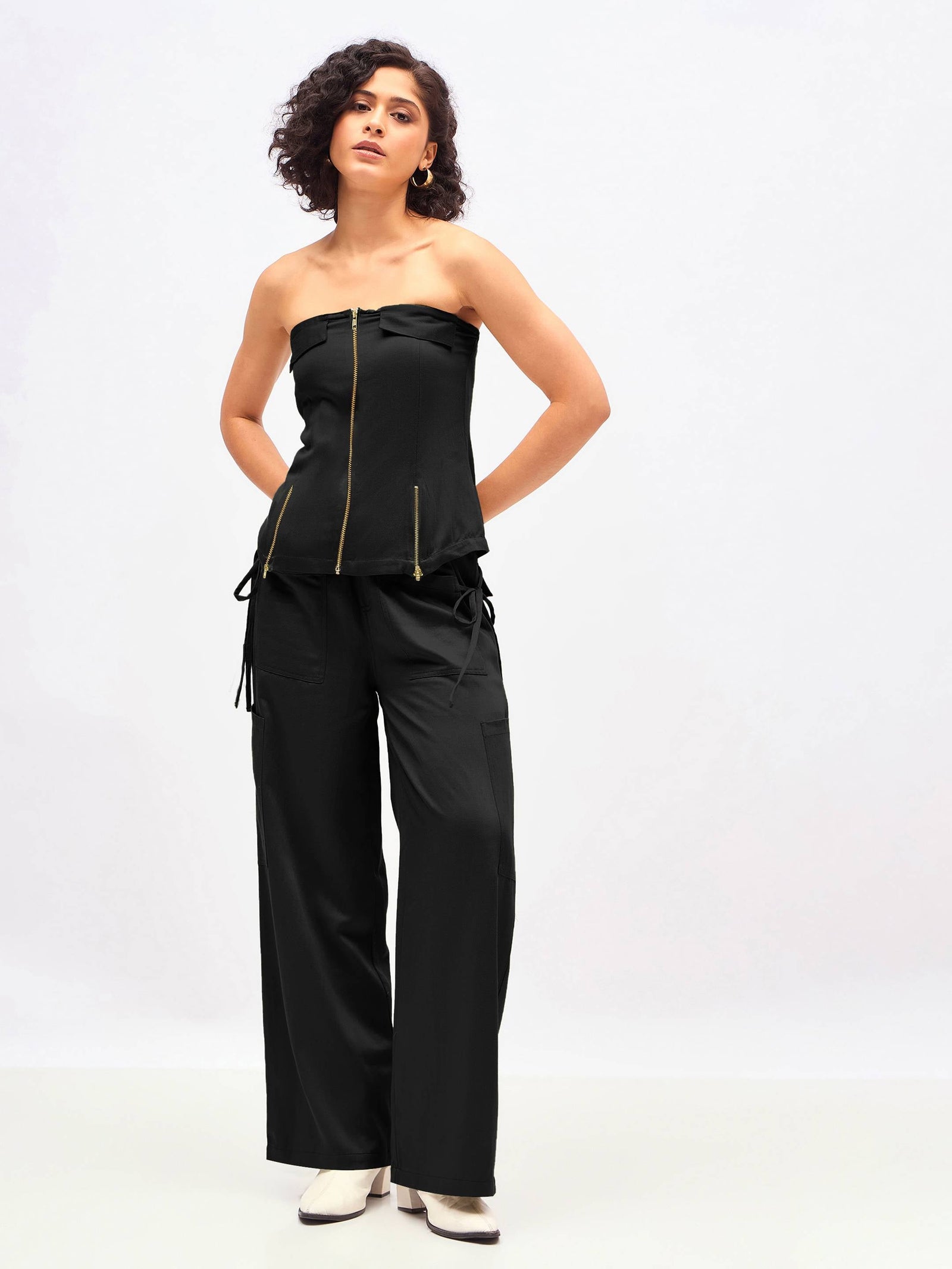 Women Black Twill Front Zip Detail Corset Top