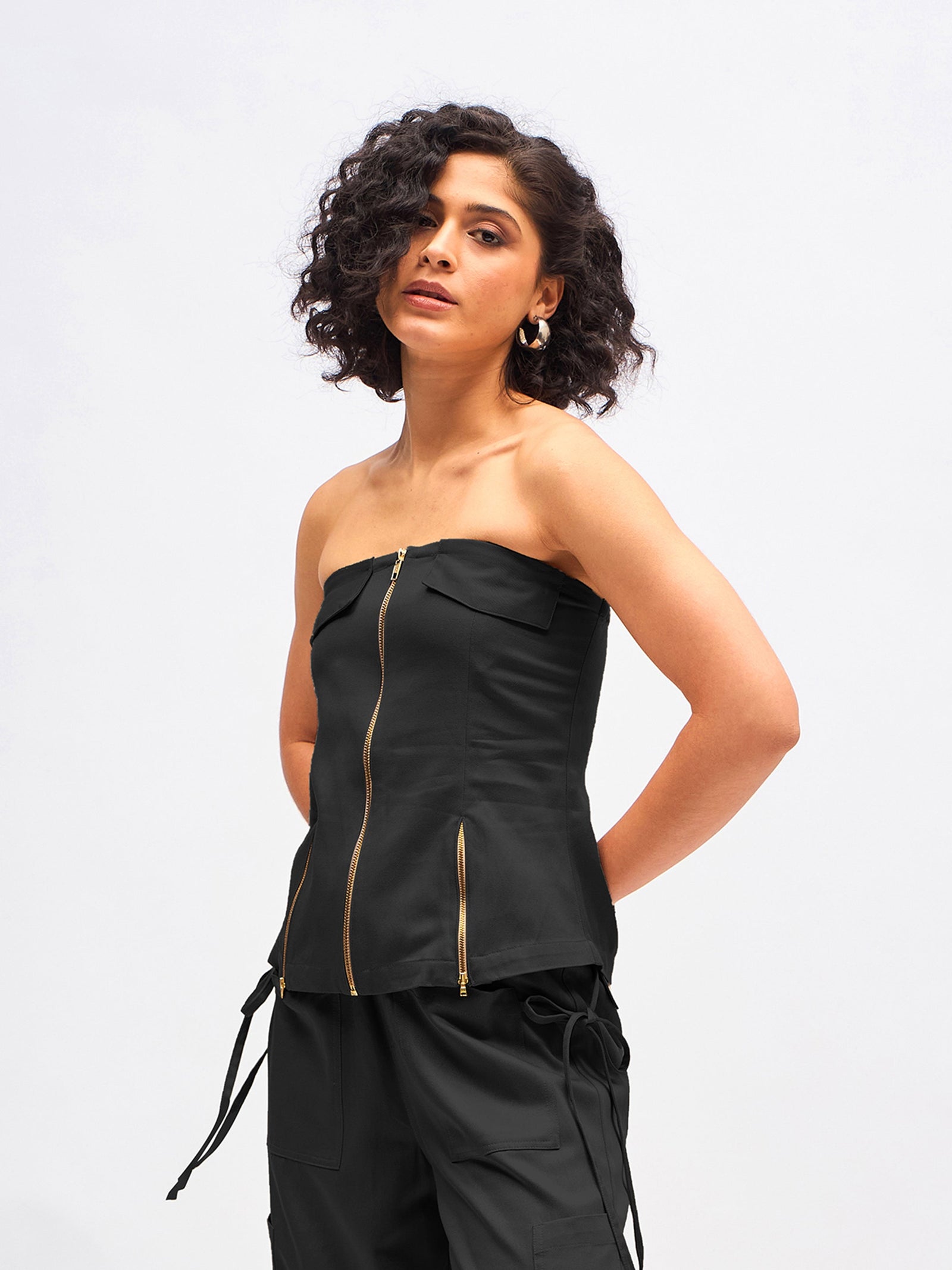 Women Black Twill Front Zip Detail Corset Top