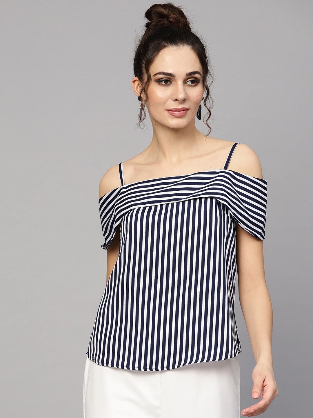 Navy Striped Off Shoulder Layered Strap Top