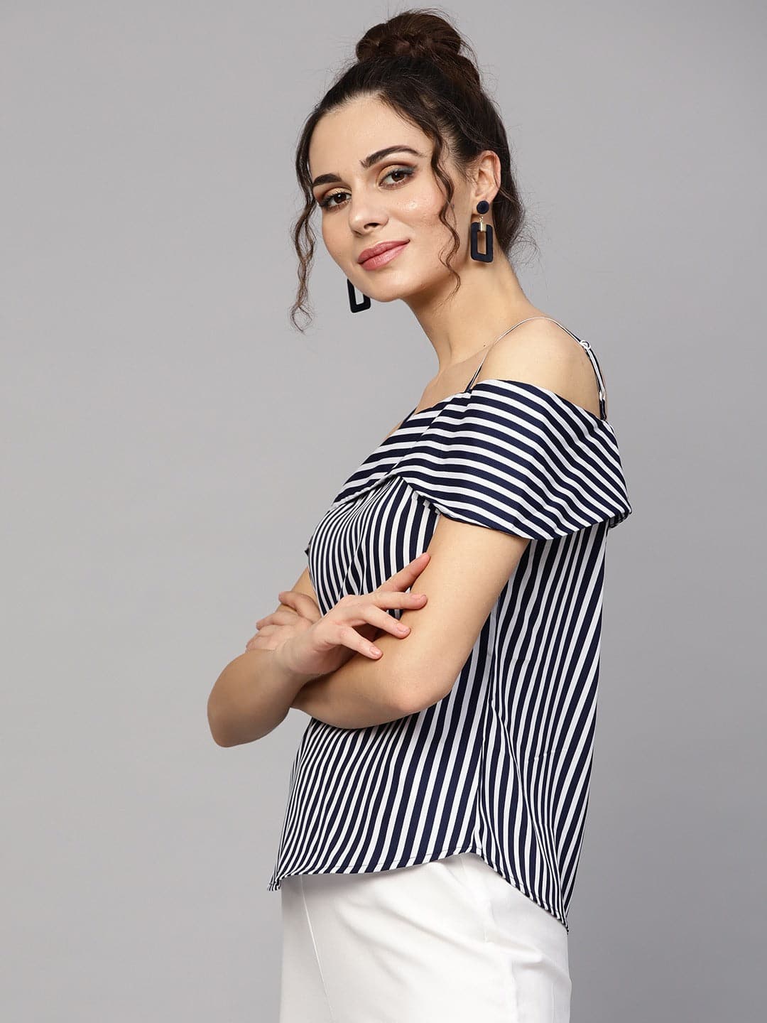 Navy Striped Off Shoulder Layered Strap Top