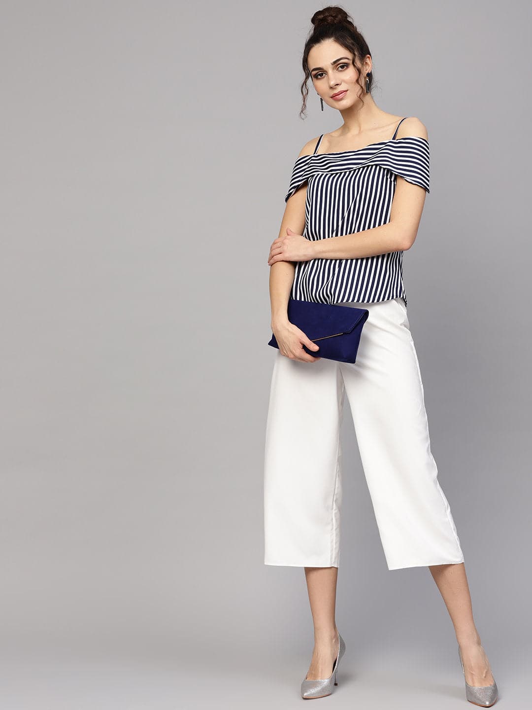 Navy Striped Off Shoulder Layered Strap Top