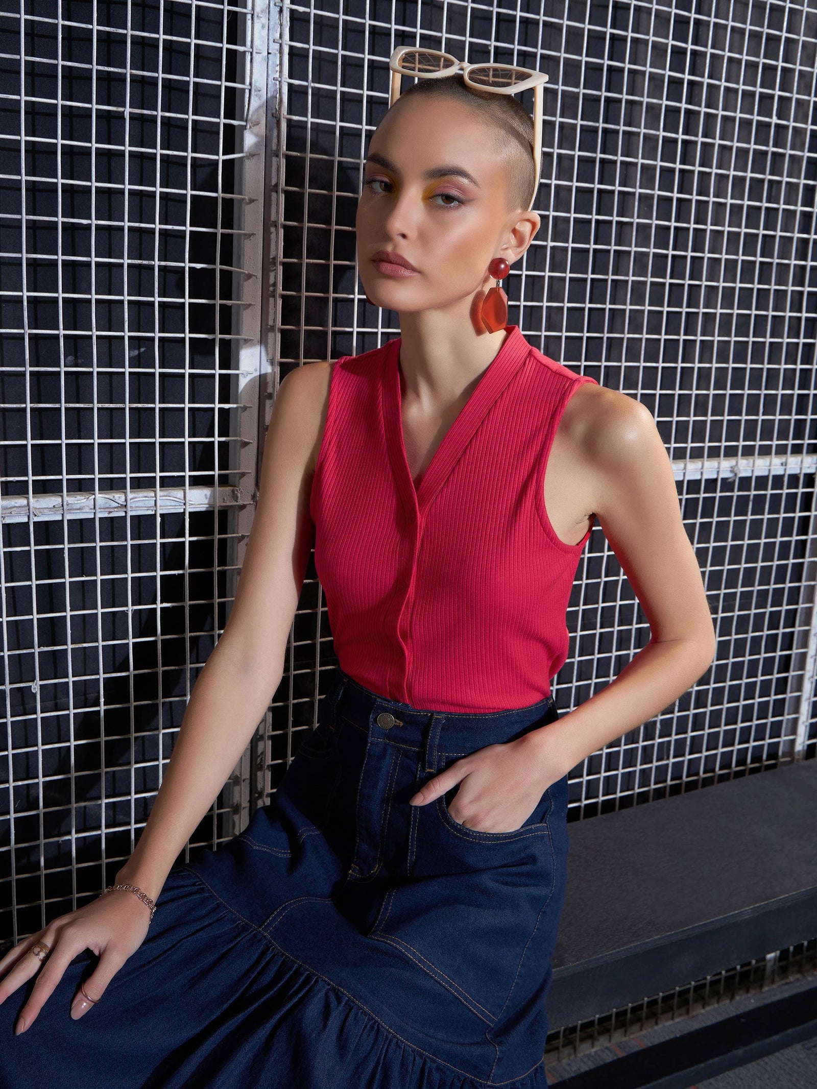 Women Red Rib Front Button Sleeveless Top