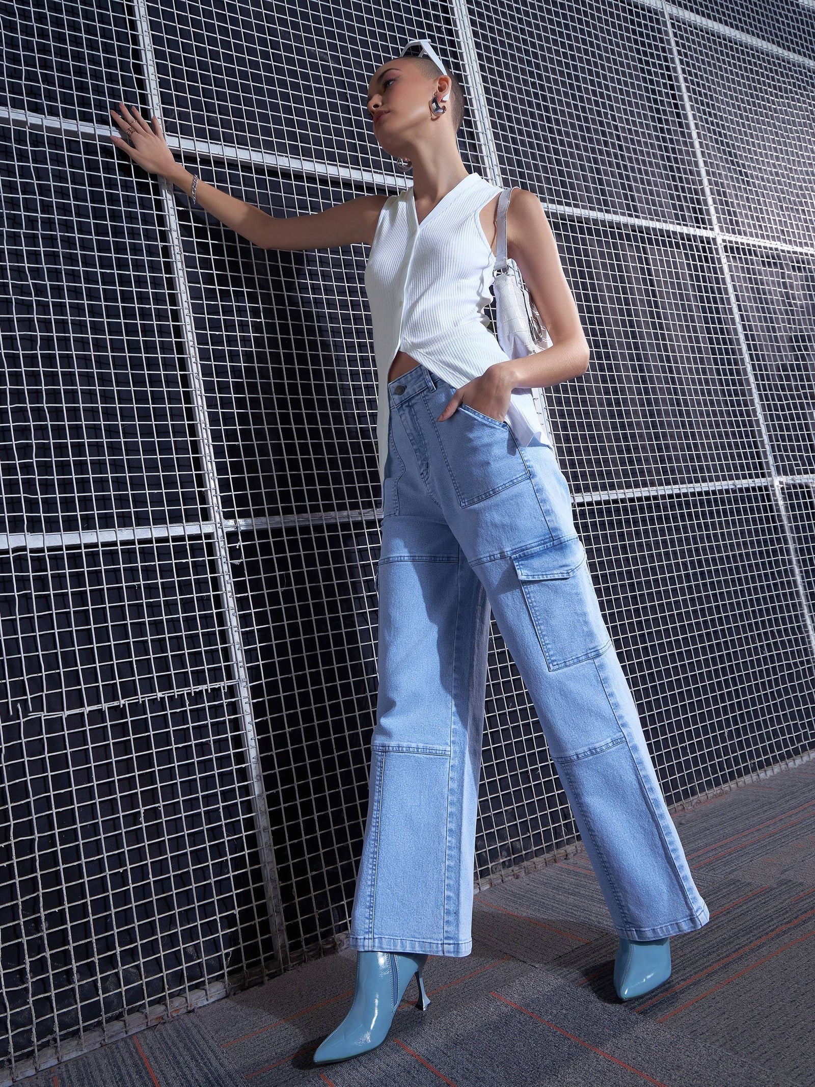 Women White Rib Front Button Sleeveless Top