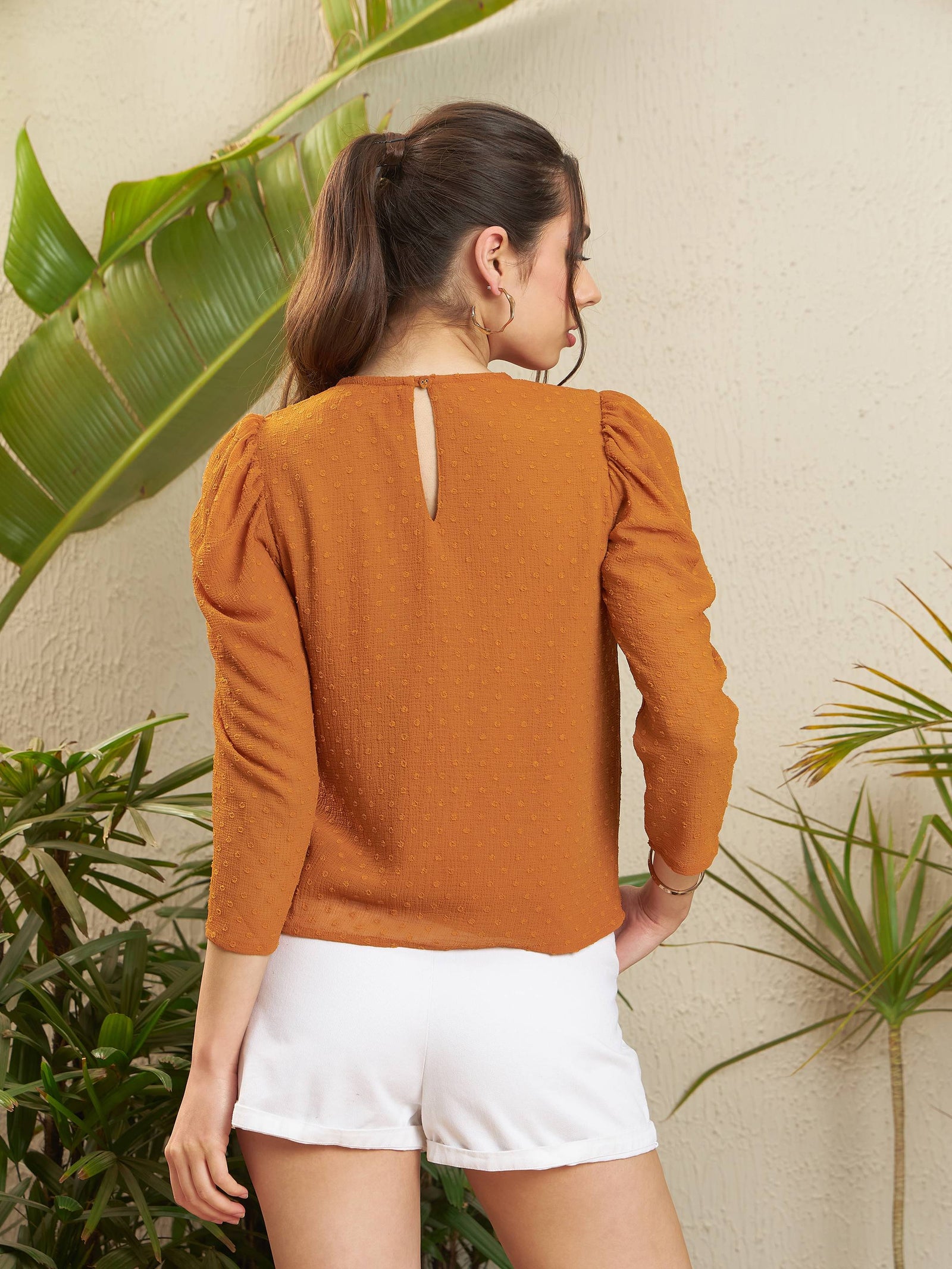 Women Rust Dobby Puff Sleeves Regular Top