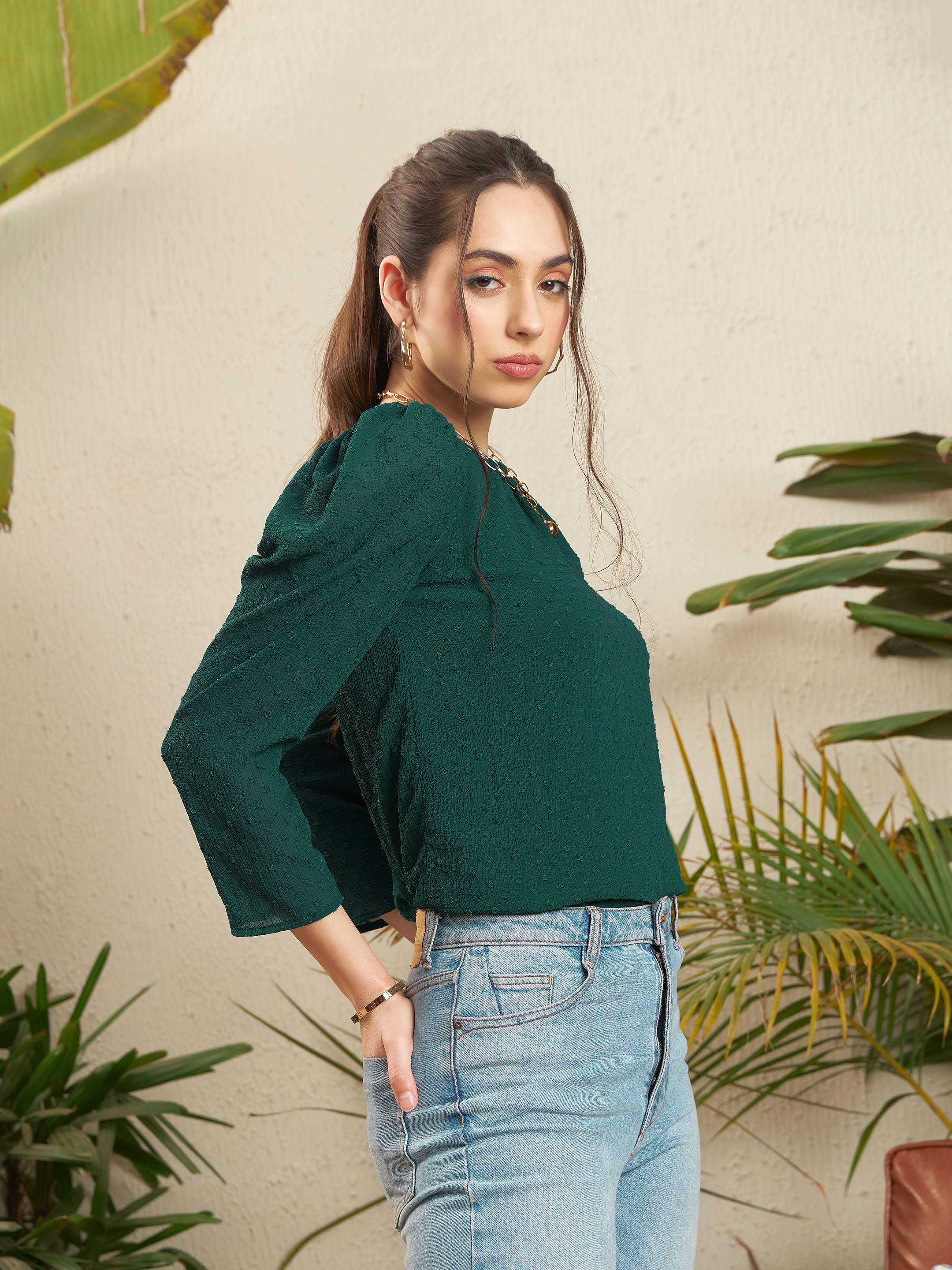 Teal Dobby Puff Sleeves Regular Top-SASSAFRAS