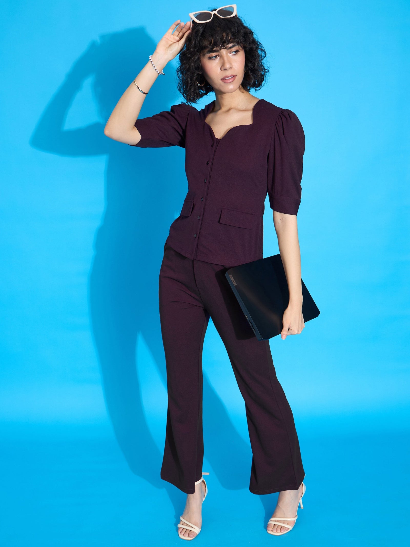 Women Burgundy Puff Sleeves Top With Bell Bottom Pants