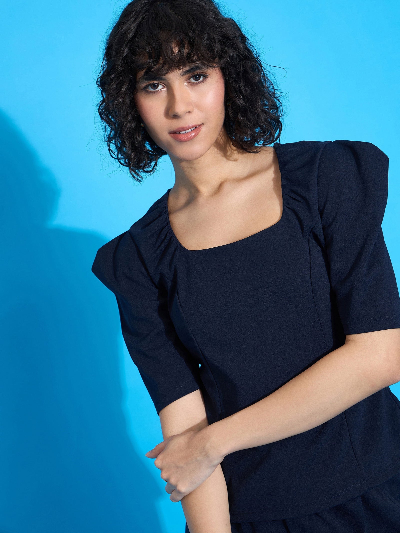 Women Navy Square Neck Puff Sleeve Top With Tapered Pants