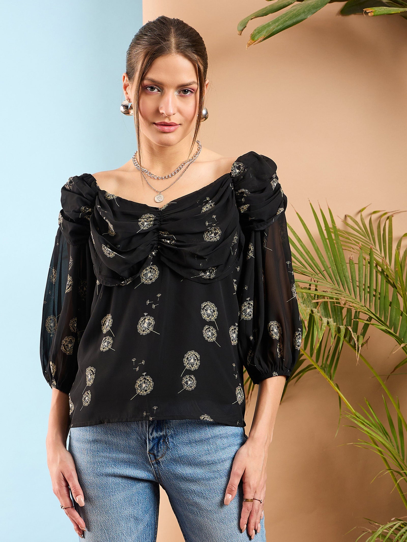 Women Black Floral Rached Cowl Neck Top
