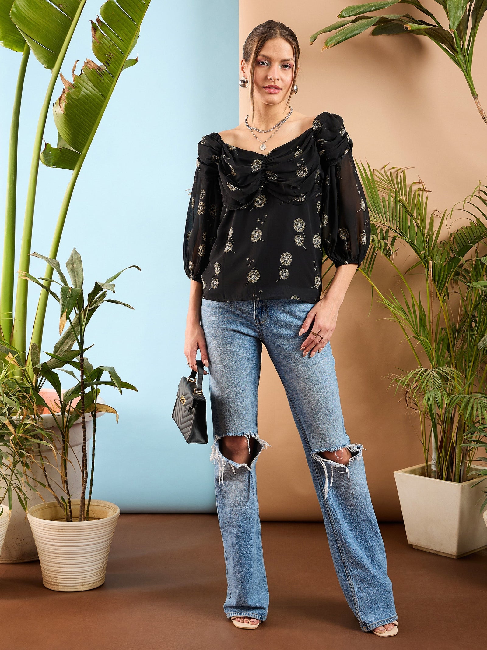 Women Black Floral Rached Cowl Neck Top