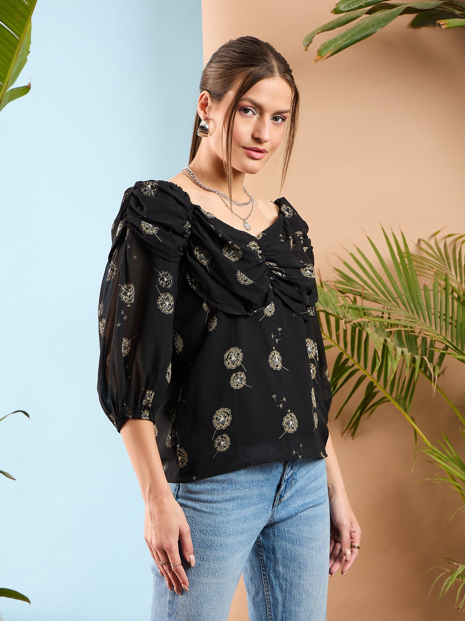 Women Black Floral Rached Cowl Neck Top