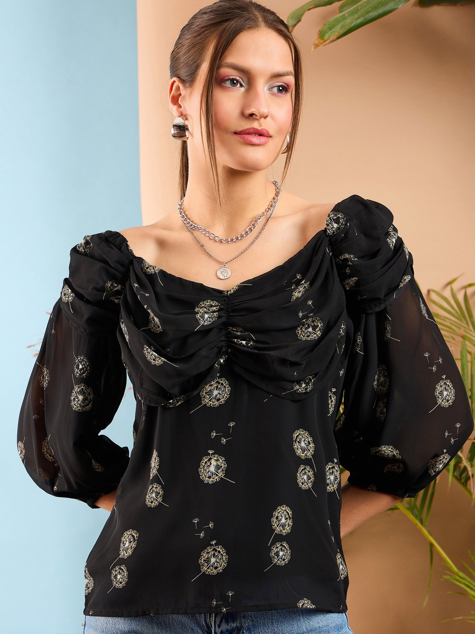 Women Black Floral Rached Cowl Neck Top