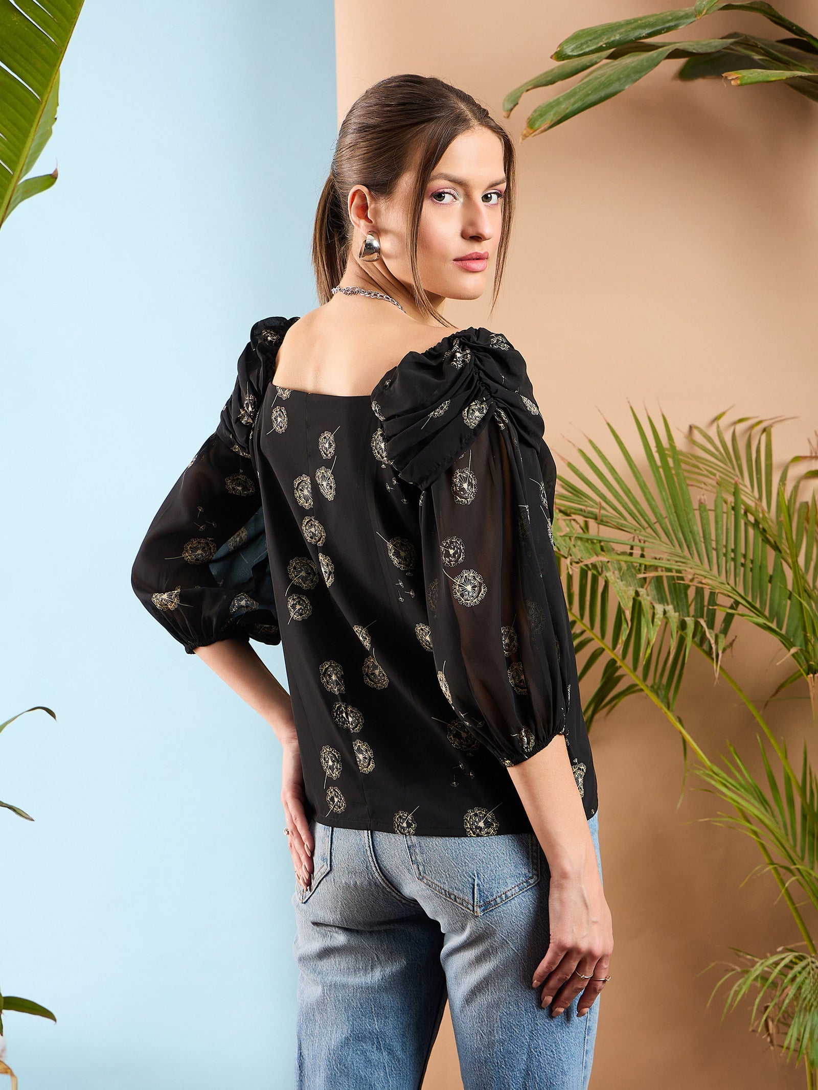 Women Black Floral Rached Cowl Neck Top
