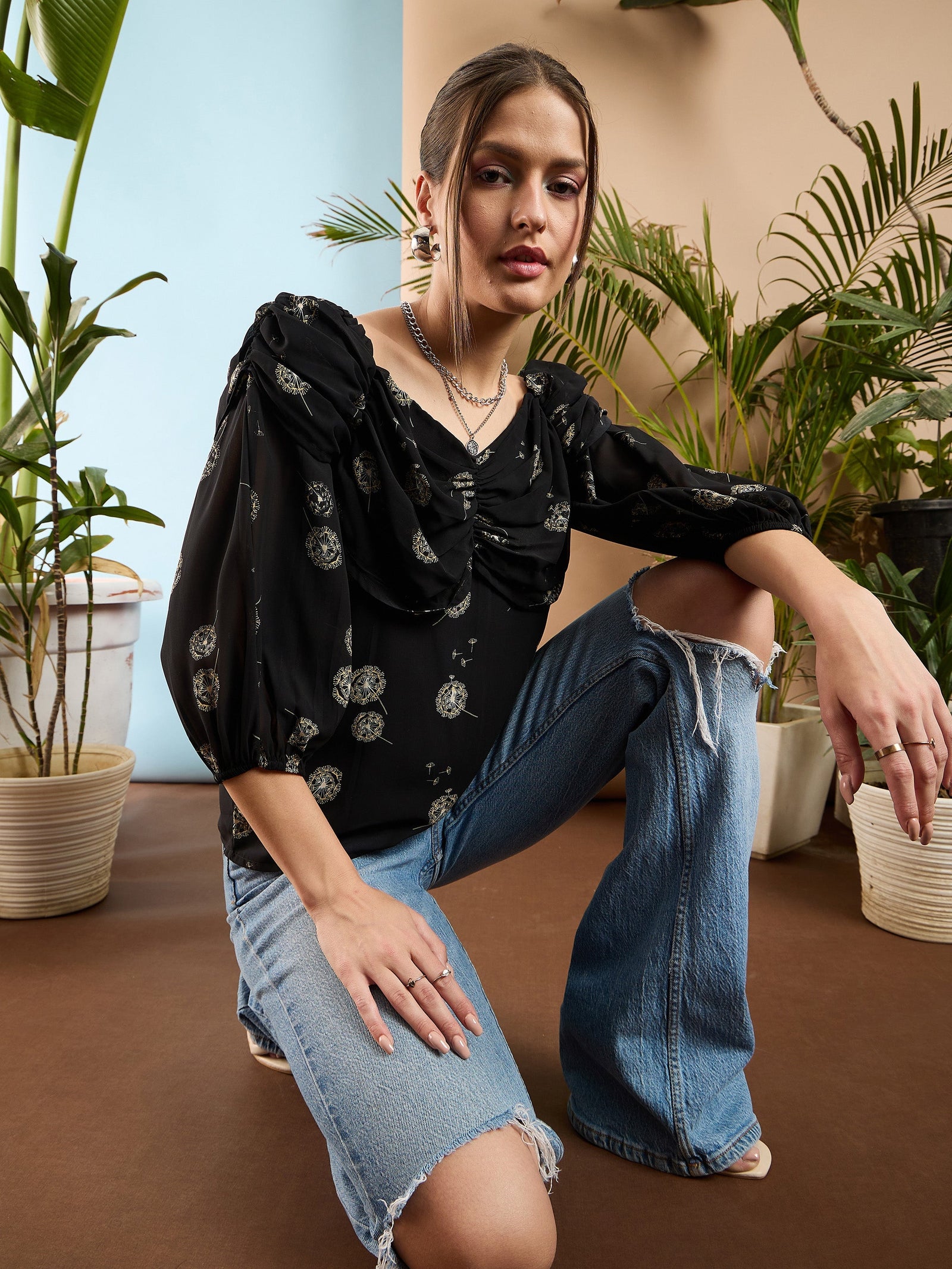Women Black Floral Rached Cowl Neck Top