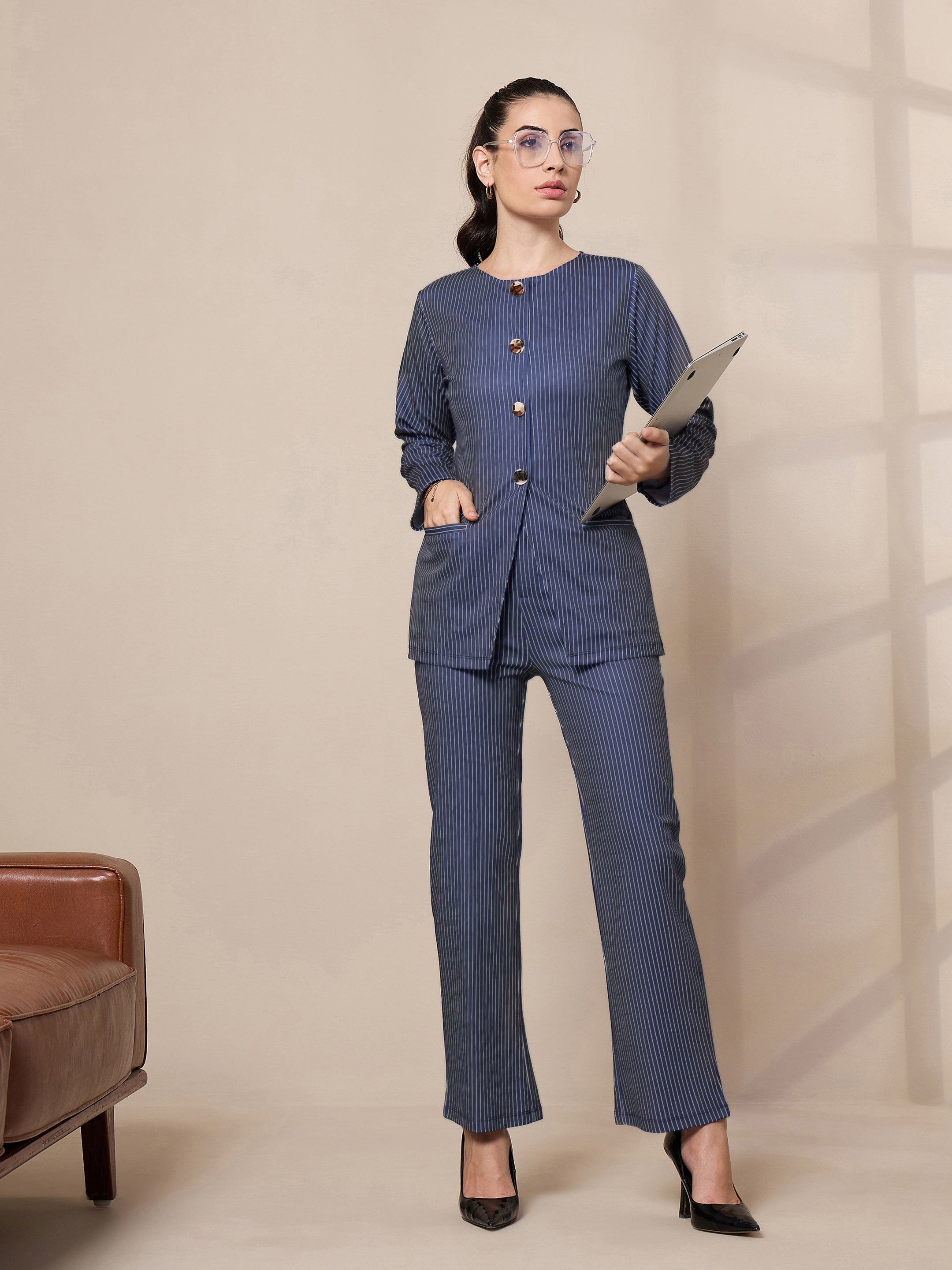 Women Navy Striped Round Neck Full Sleeve Top With Straight Trousers