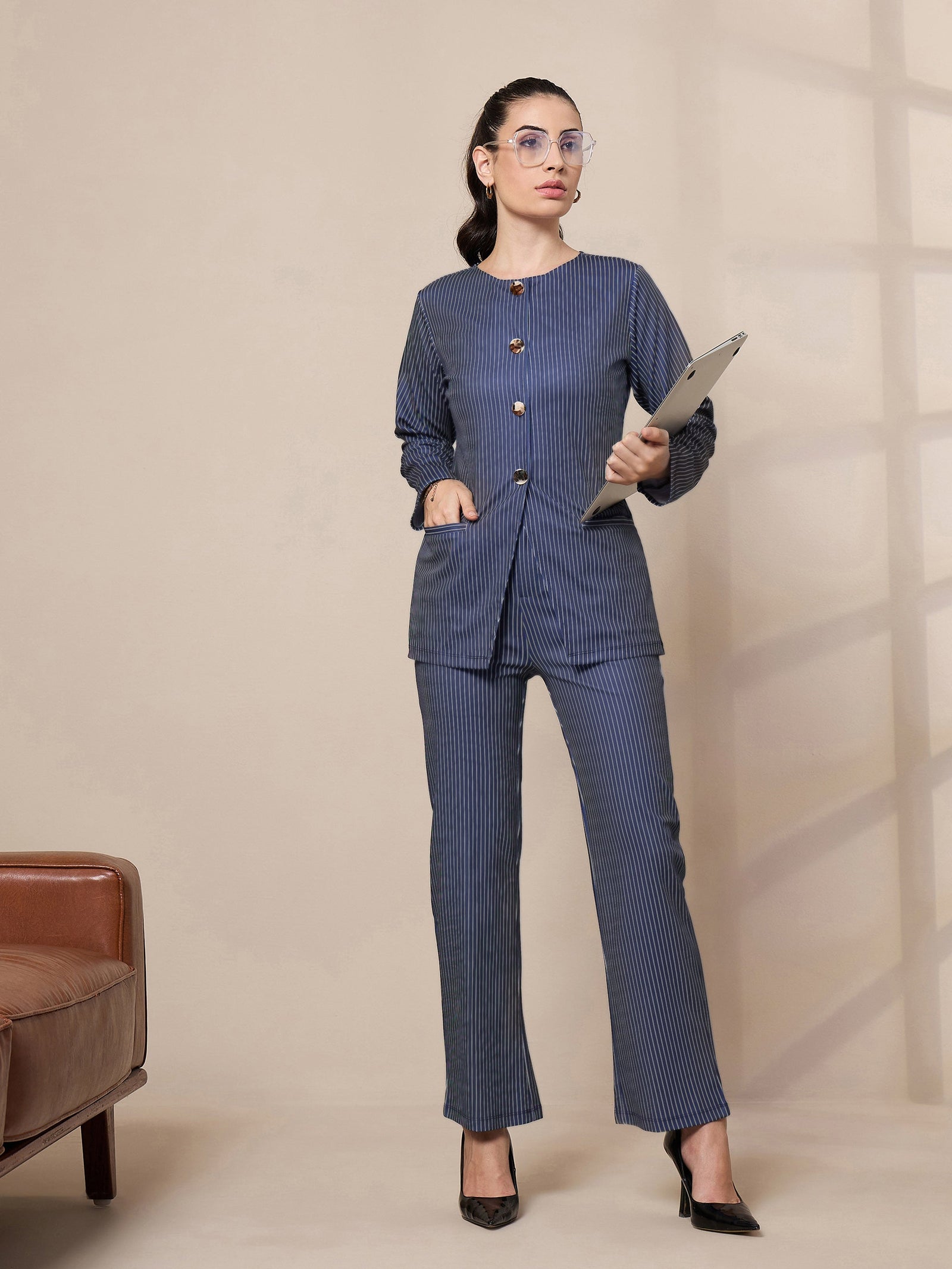 Women Navy Striped Round Neck Full Sleeve Top With Straight Trousers