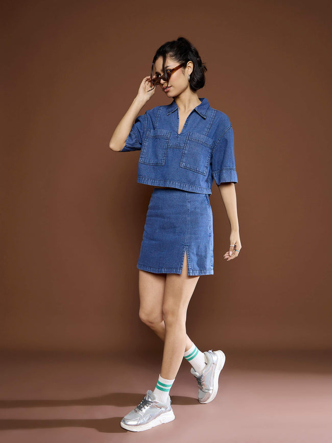 Women Blue Denim Front Slit Skirts