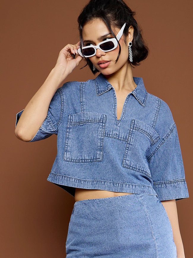 Women Blue Blast Denim Patch Pocket Crop Top