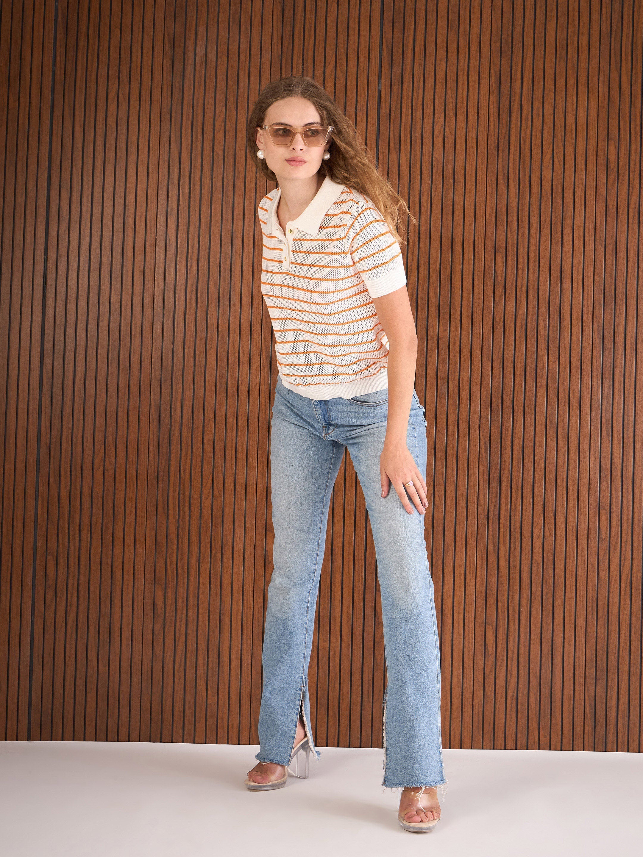 Women Orange & White Crochet Stripeds Polo T-Shirt