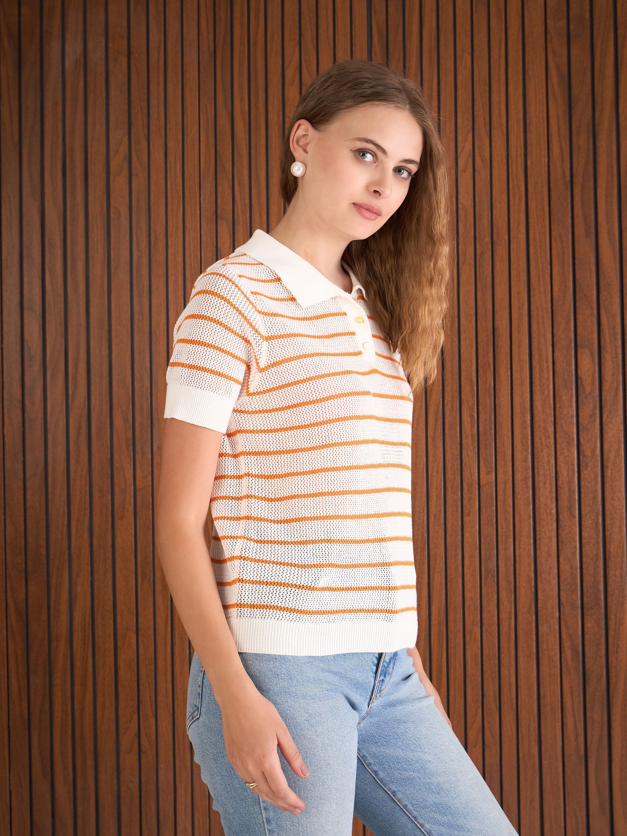 Women Orange & White Crochet Stripeds Polo T-Shirt