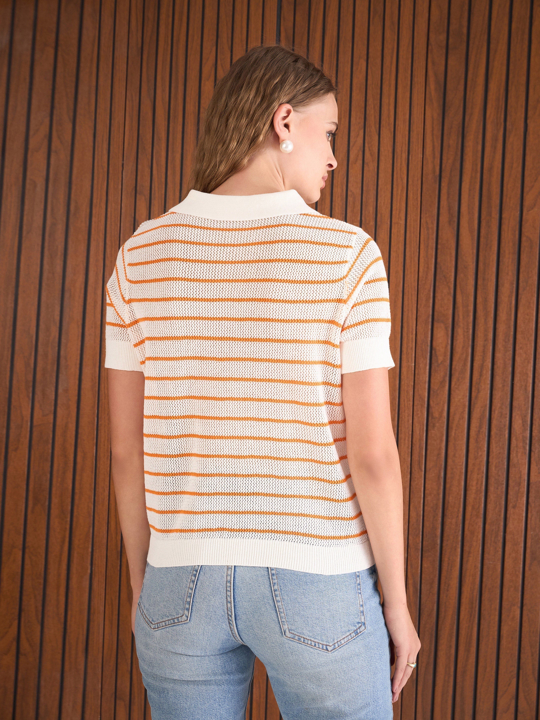 Women Orange & White Crochet Stripeds Polo T-Shirt