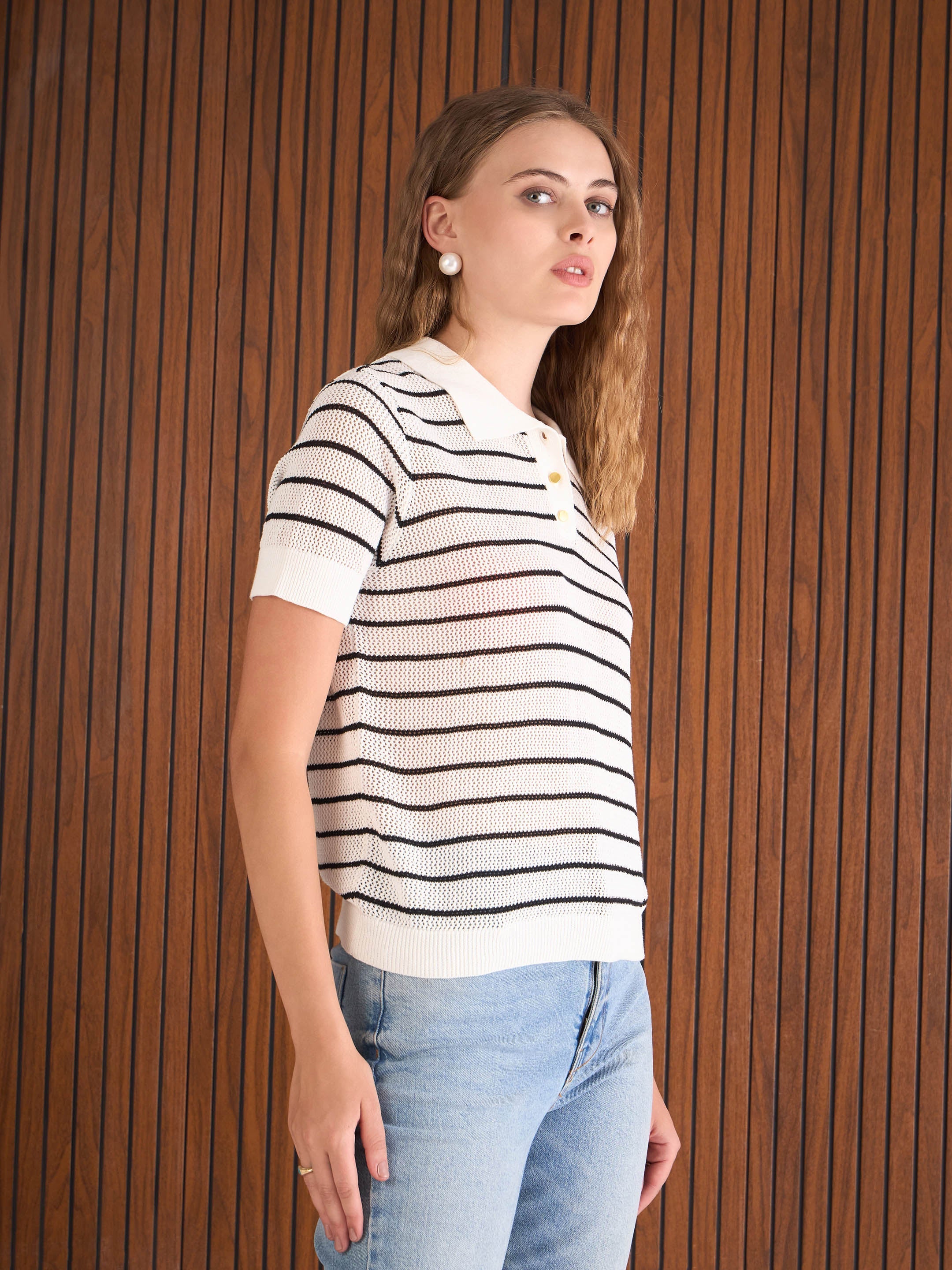 Women Black & White Crochet Stripeds Polo T-Shirt