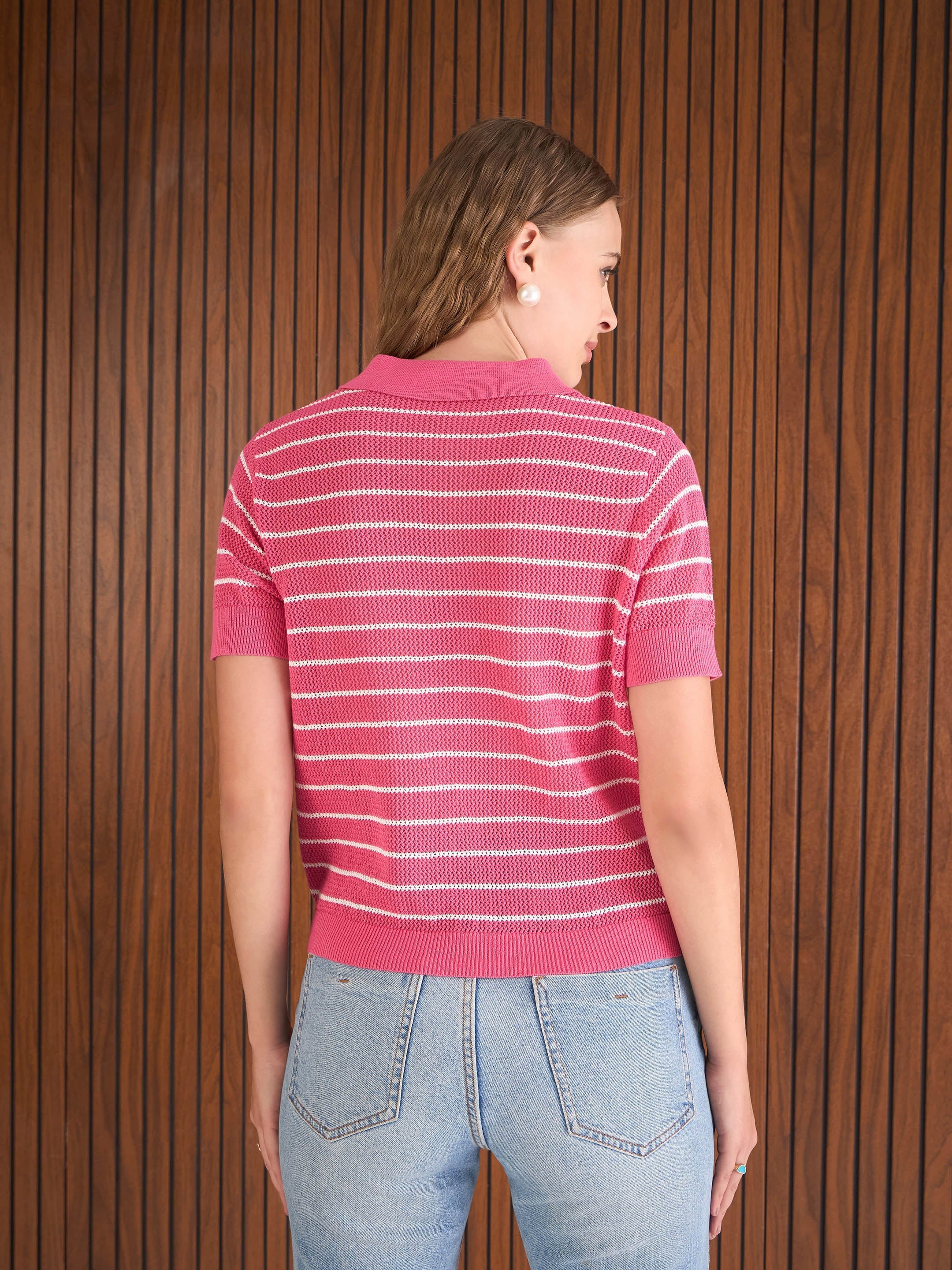 Women Pink & White Crochet Stripeds Polo T-Shirt