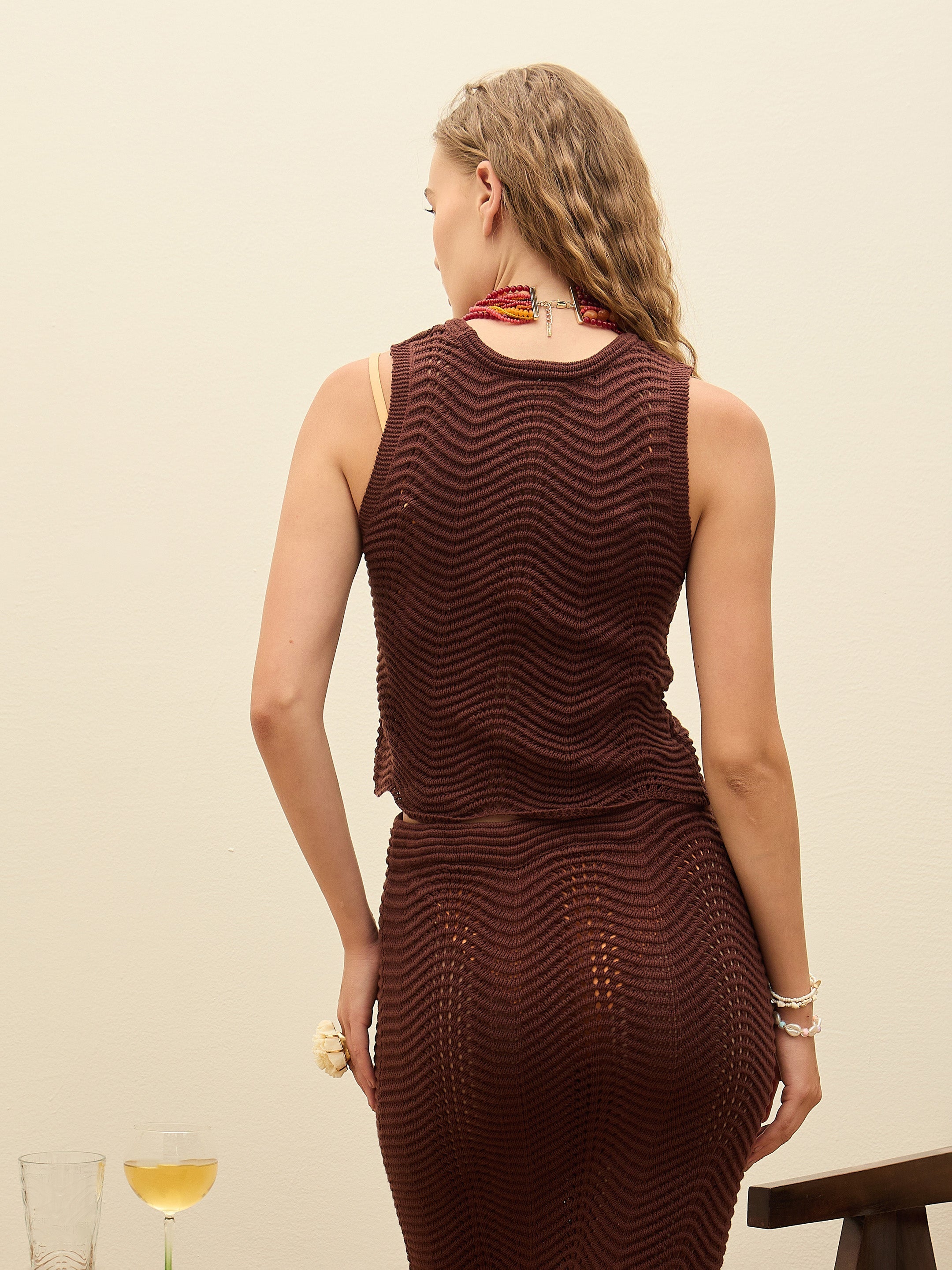 Women Brown Crochet Round Neck Sleeveless Top