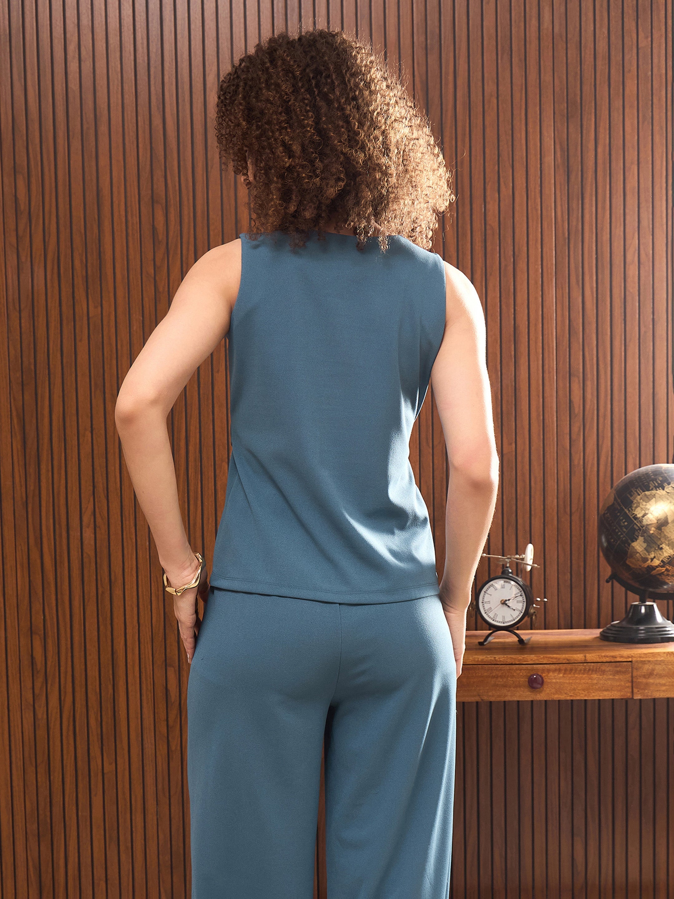 Women Teal Blue Sleeveless Front Zipper Belted Top