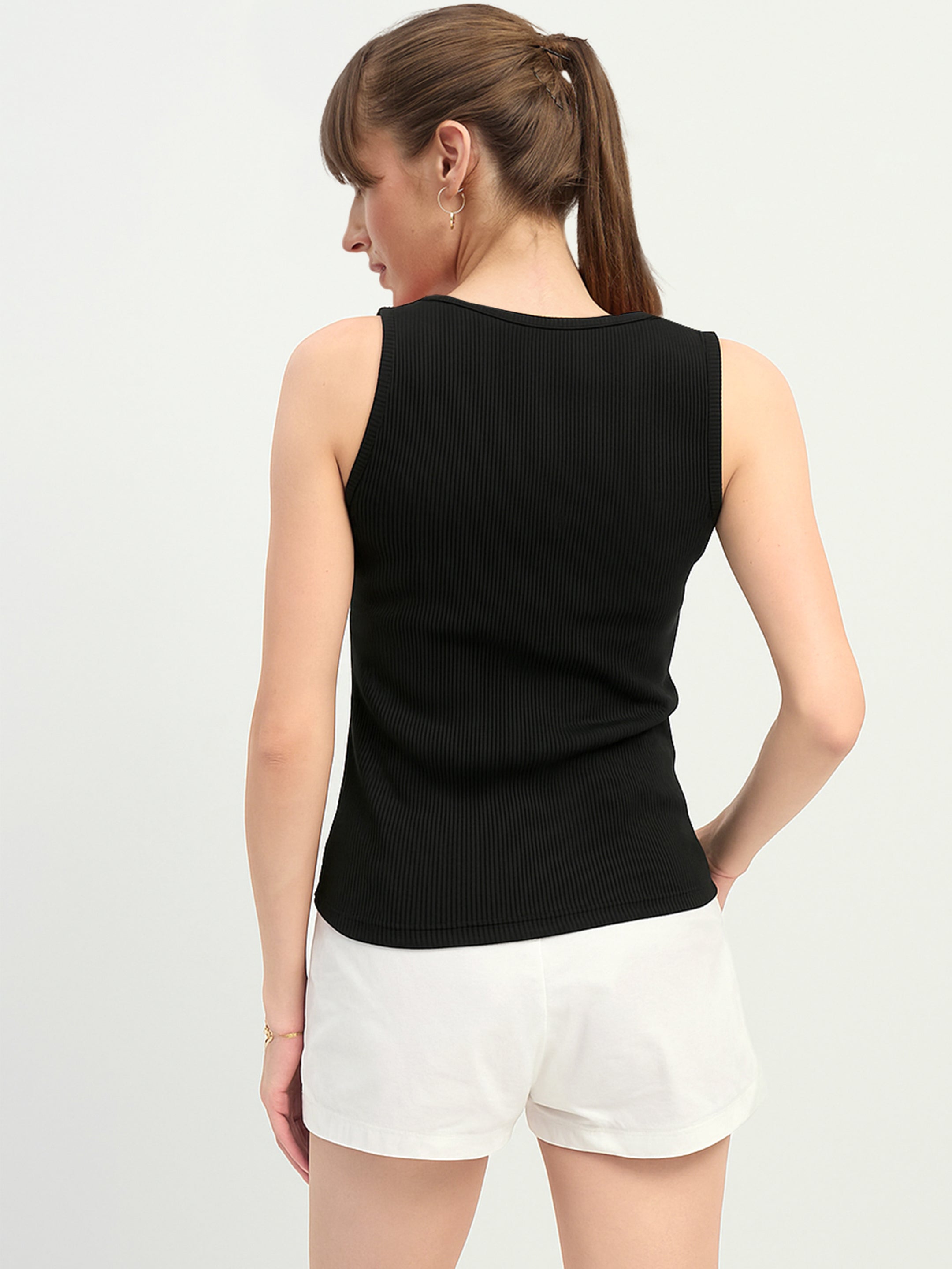 Women Black Square-Neck Button Down Top