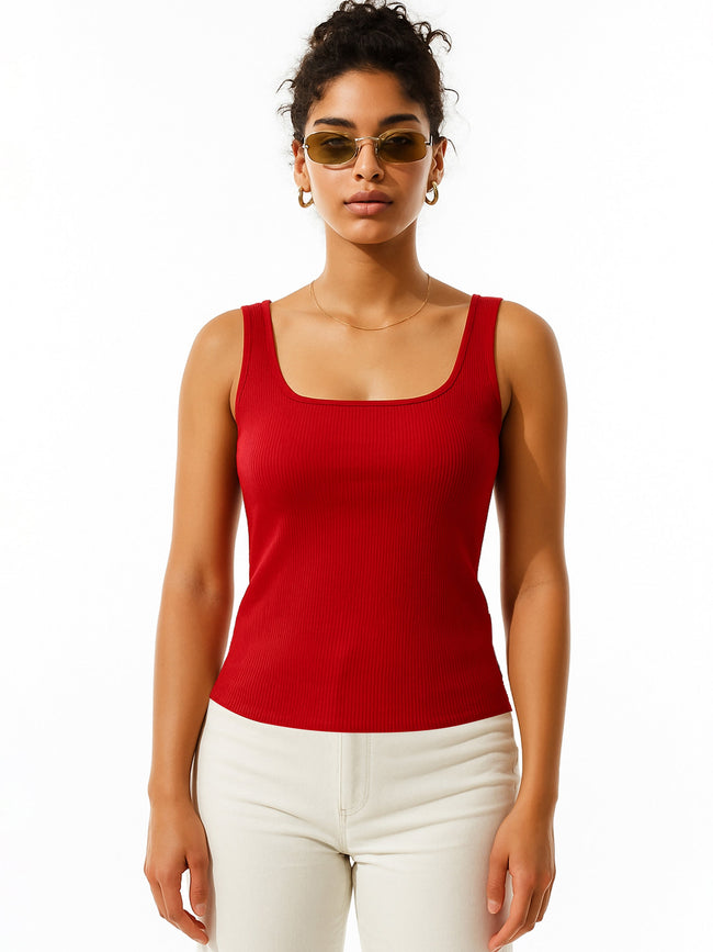Women Red Rib Sleeveless Top