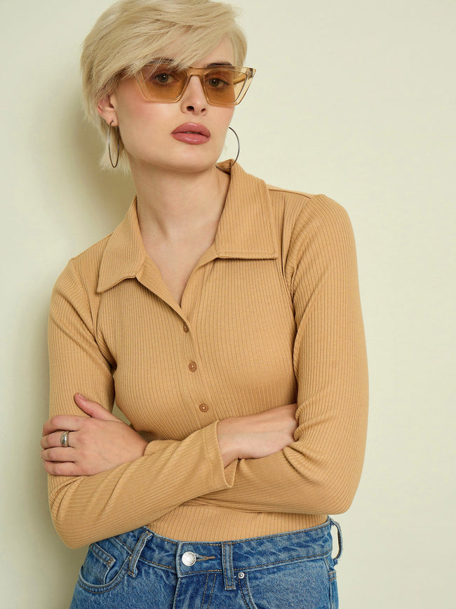 Women Tan Rib Polo Neck Full Sleeves Top
