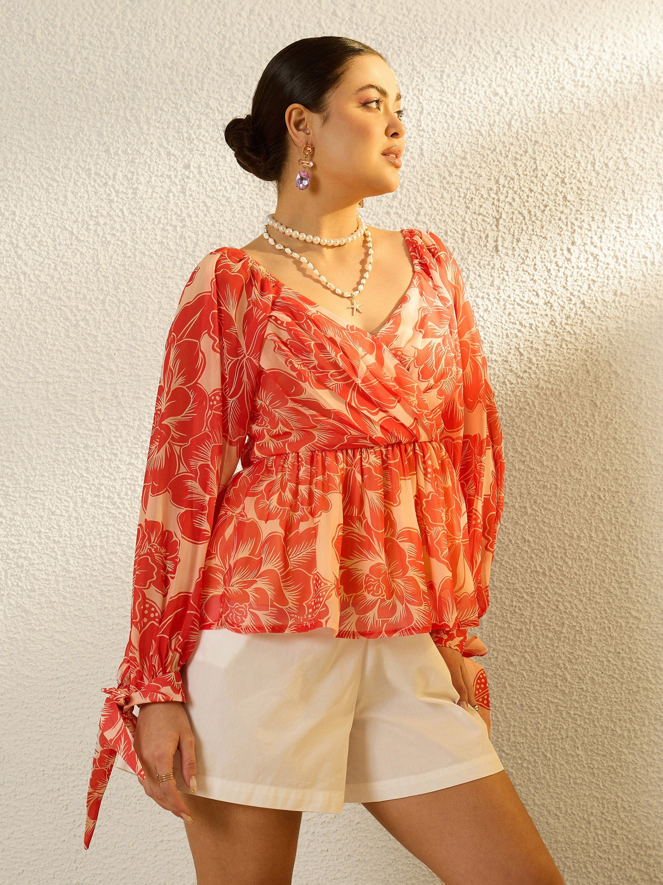 Women Orange Floral Sweetheart Neck Smocked Top