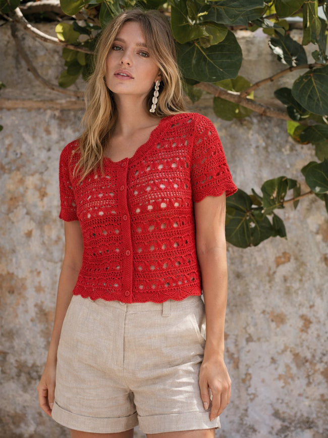Women Red Round Neck Crochet Top