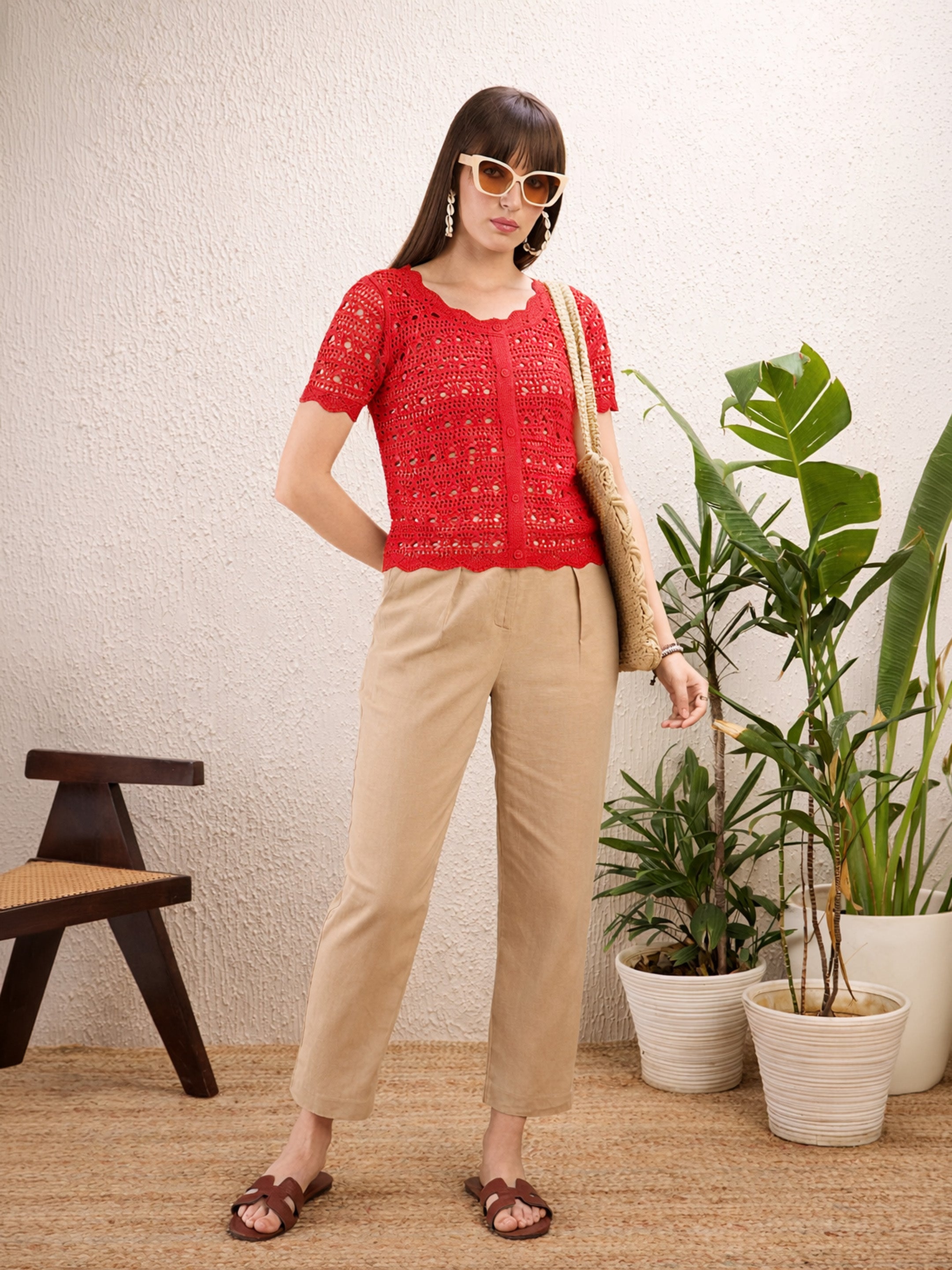 Women Red Round Neck Crochet Top