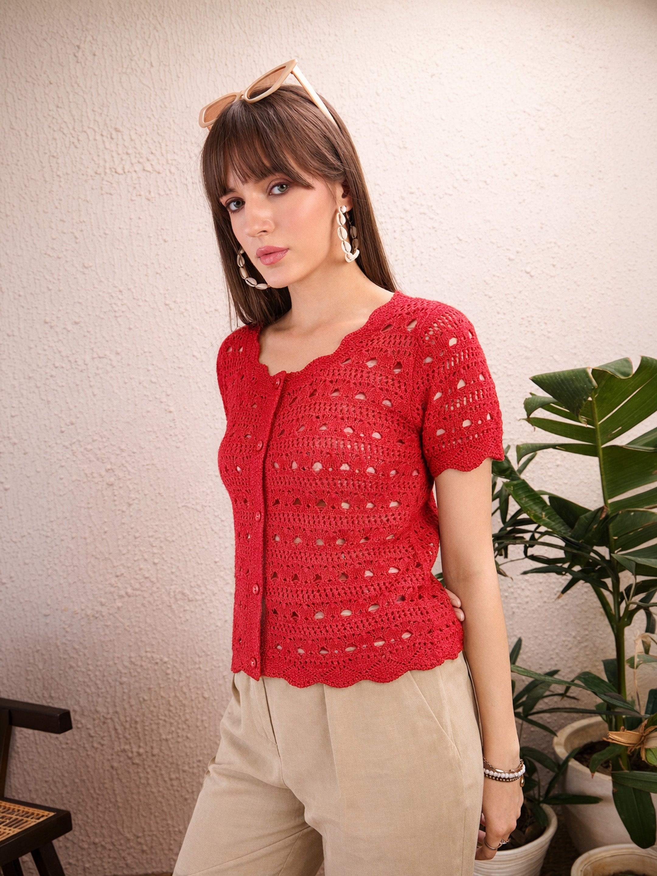 Women Red Round Neck Crochet Top