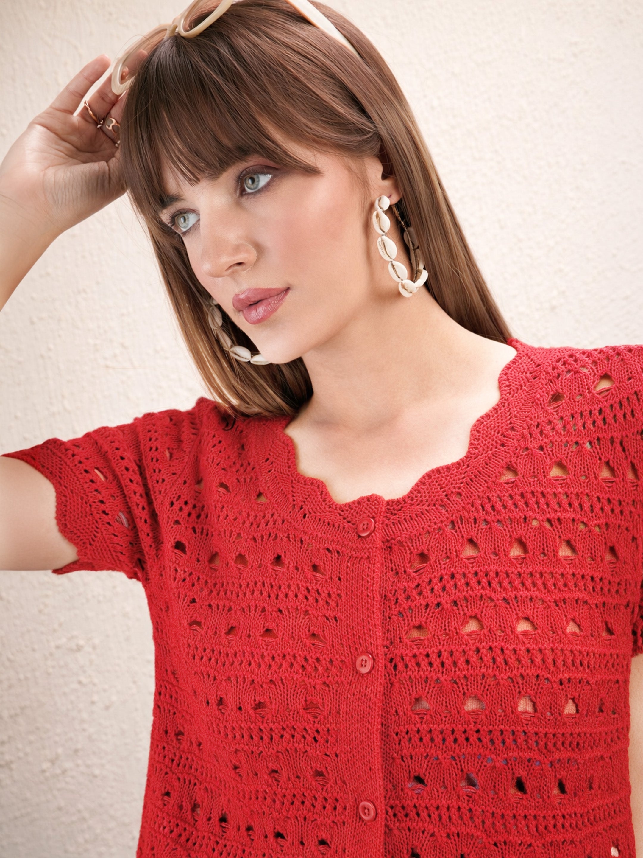 Women Red Round Neck Crochet Top