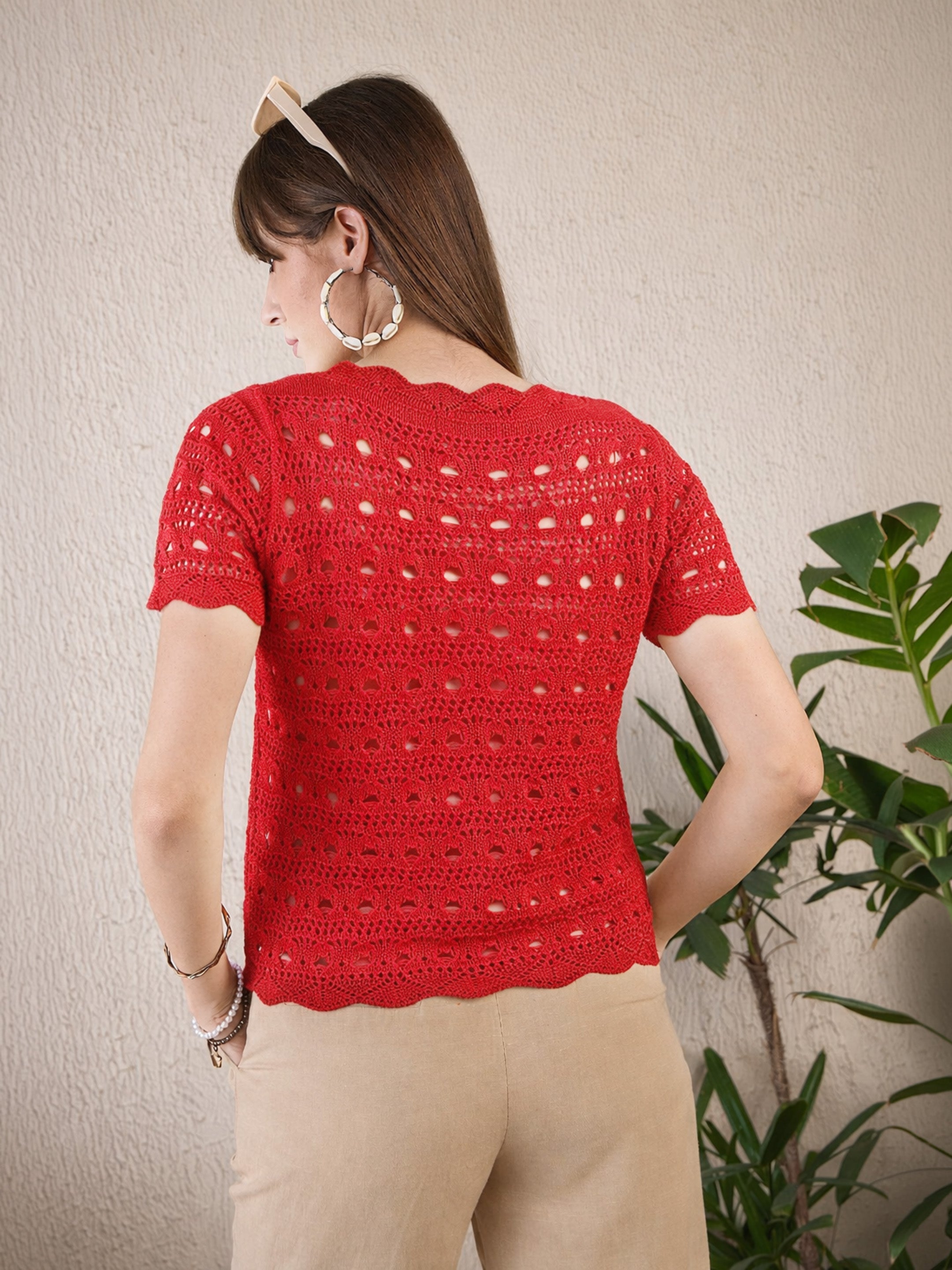 Women Red Round Neck Crochet Top