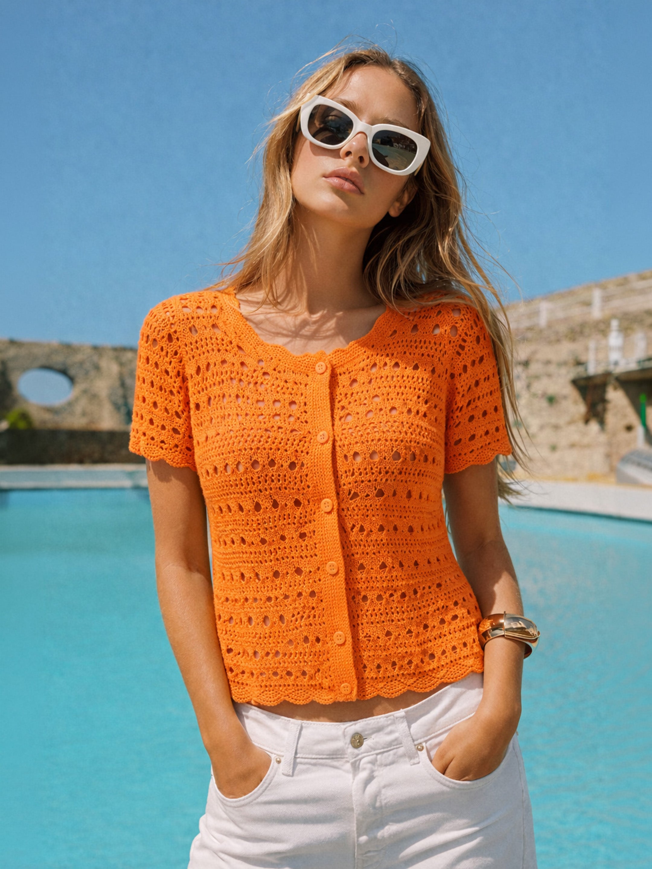 Women Orange Round Neck Crochet Top