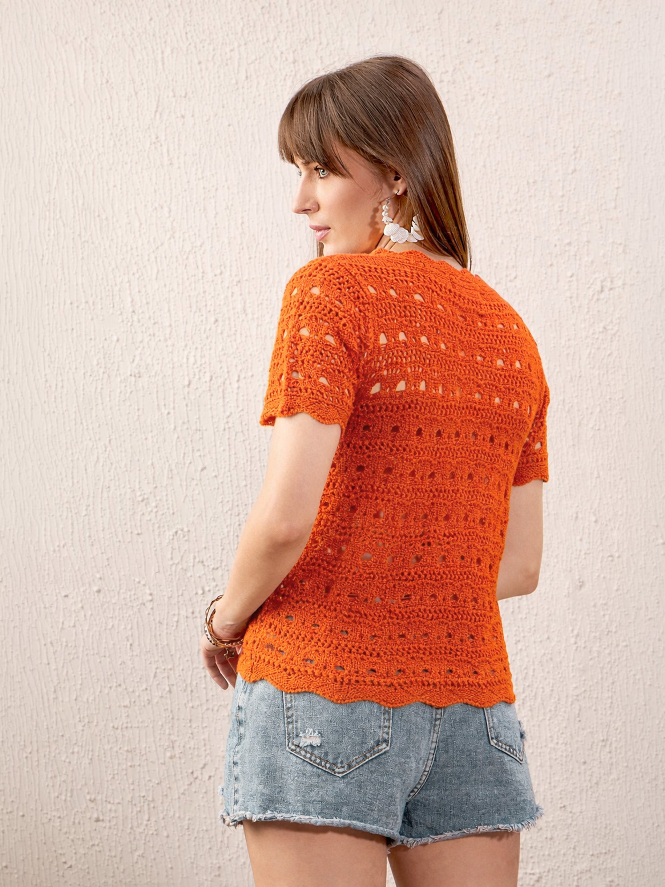 Women Orange Round Neck Crochet Top