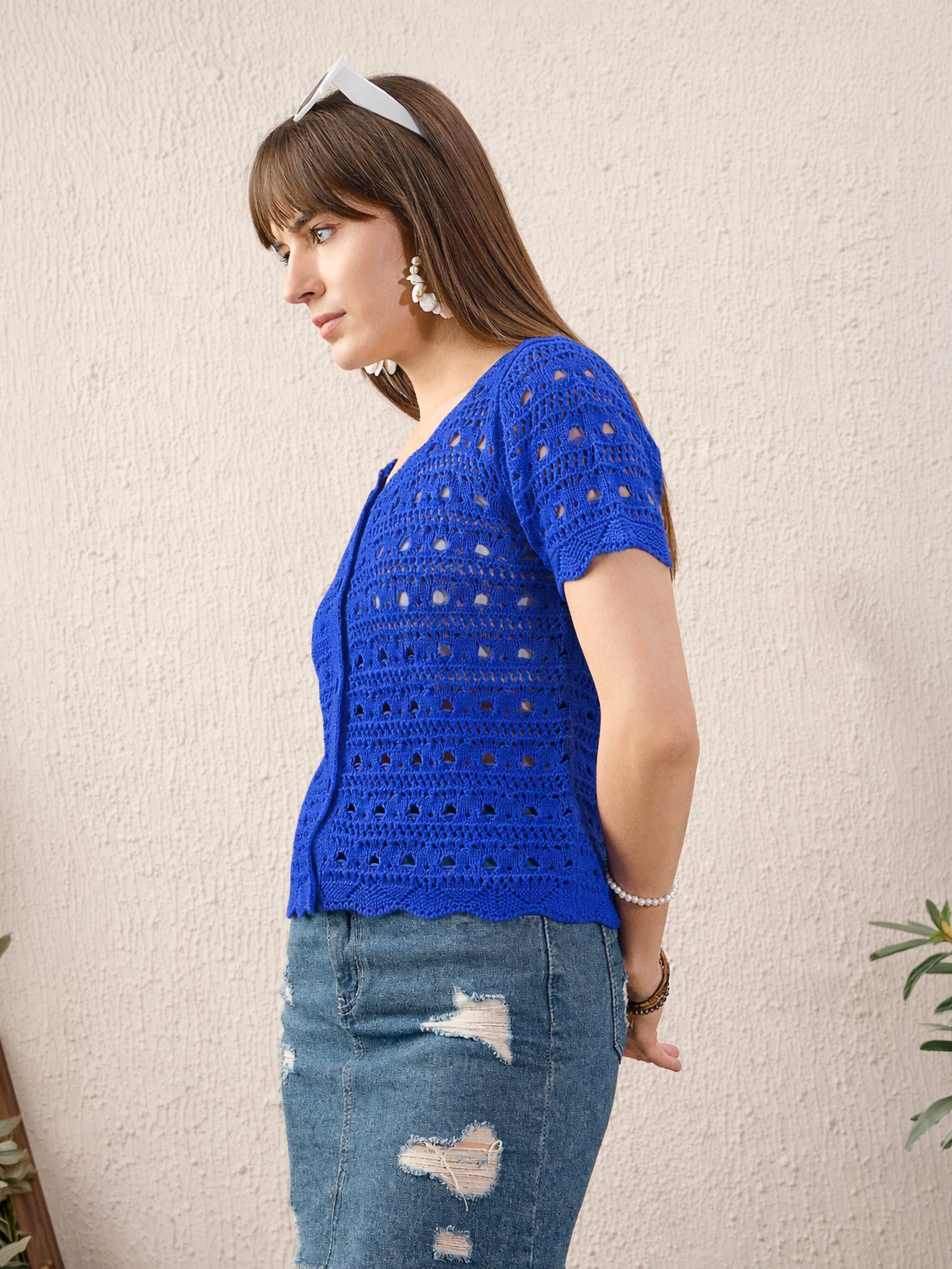 Women Blue Round Neck Crochet Top