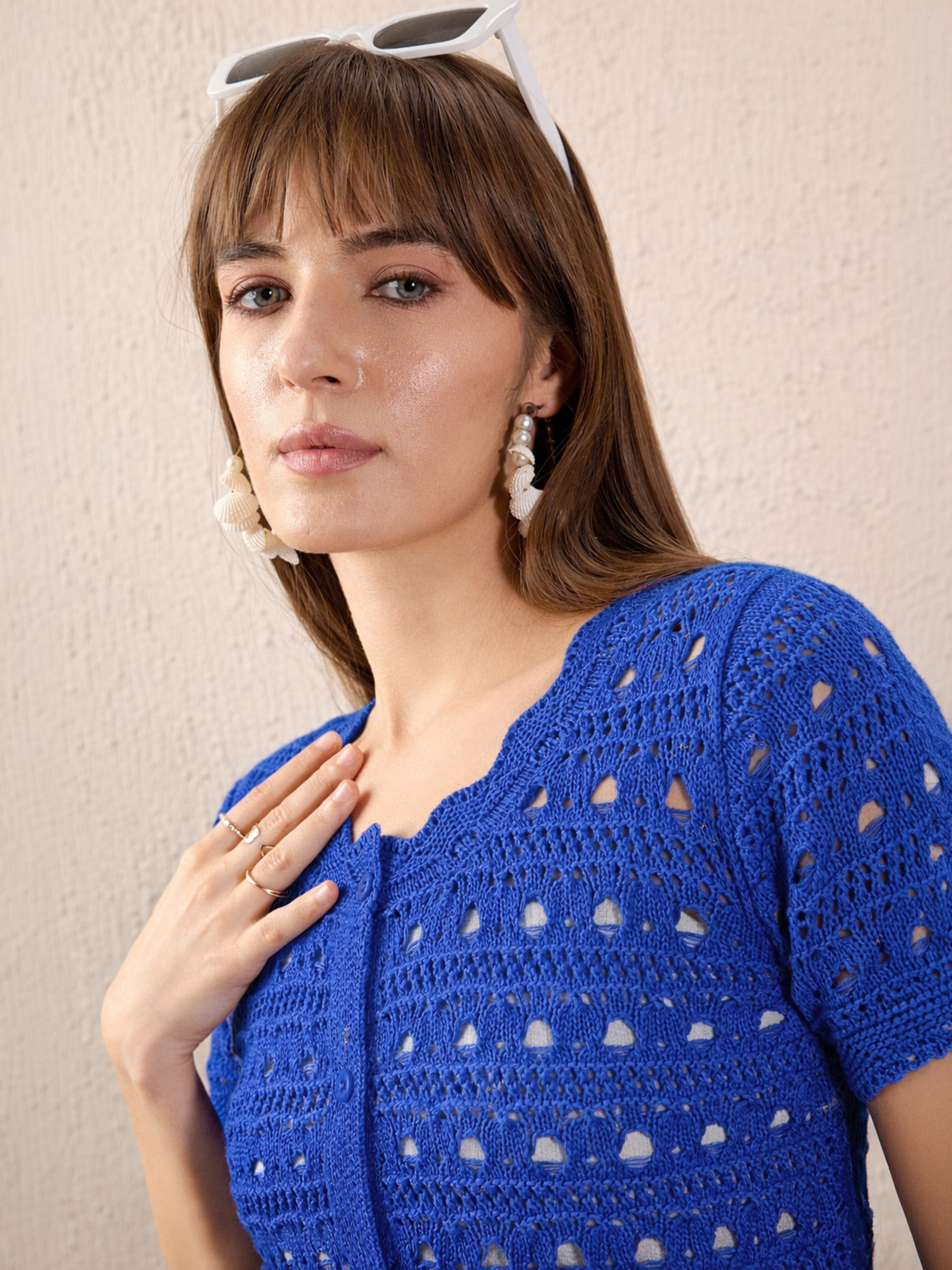 Women Blue Round Neck Crochet Top