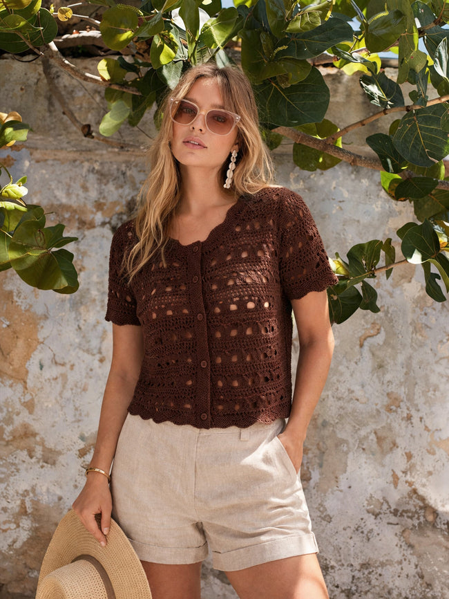 Women Brown Round Neck Crochet Top