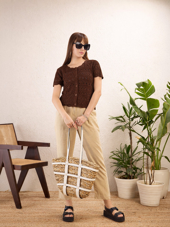 Women Brown Round Neck Crochet Top