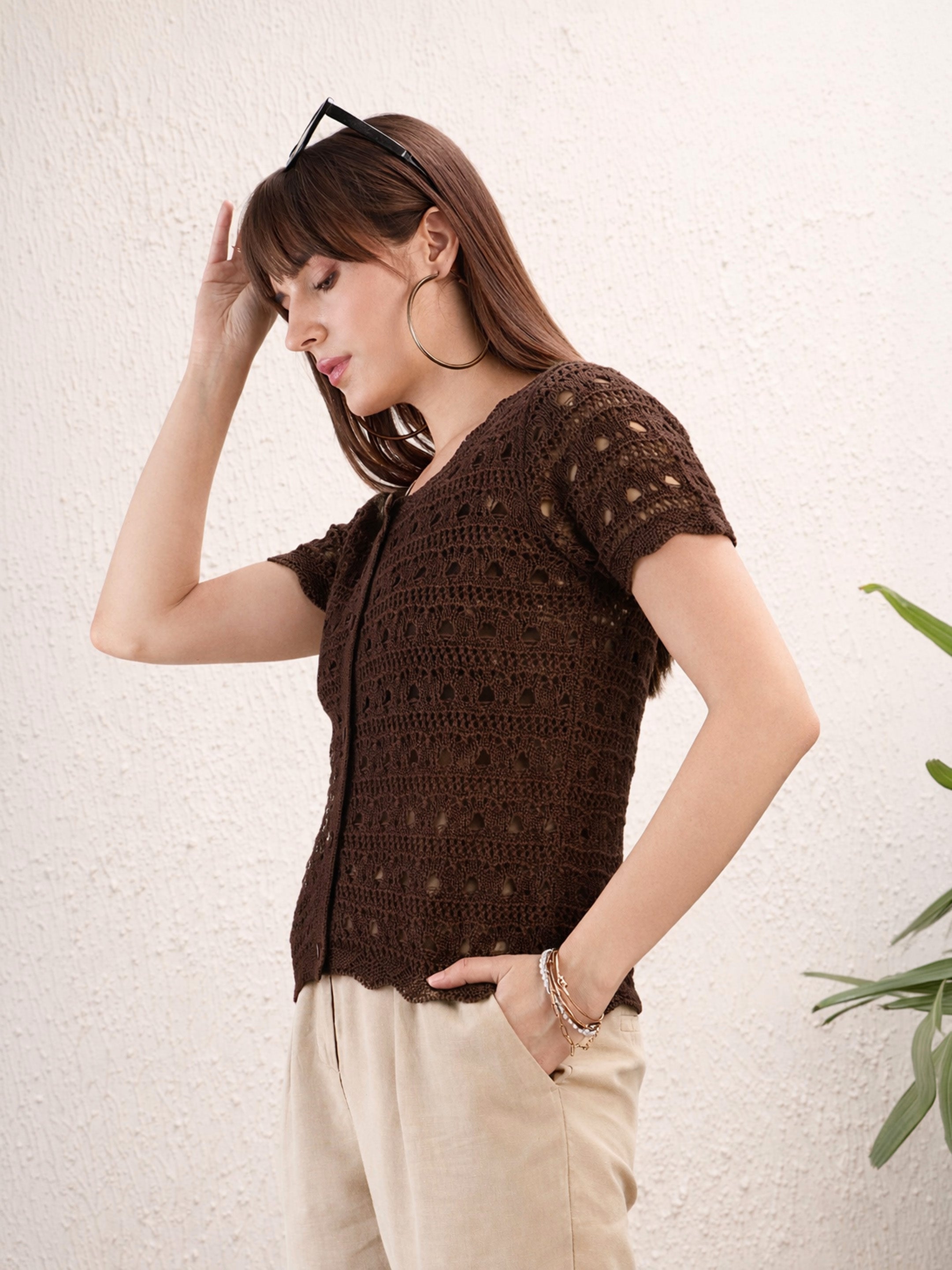 Women Brown Round Neck Crochet Top