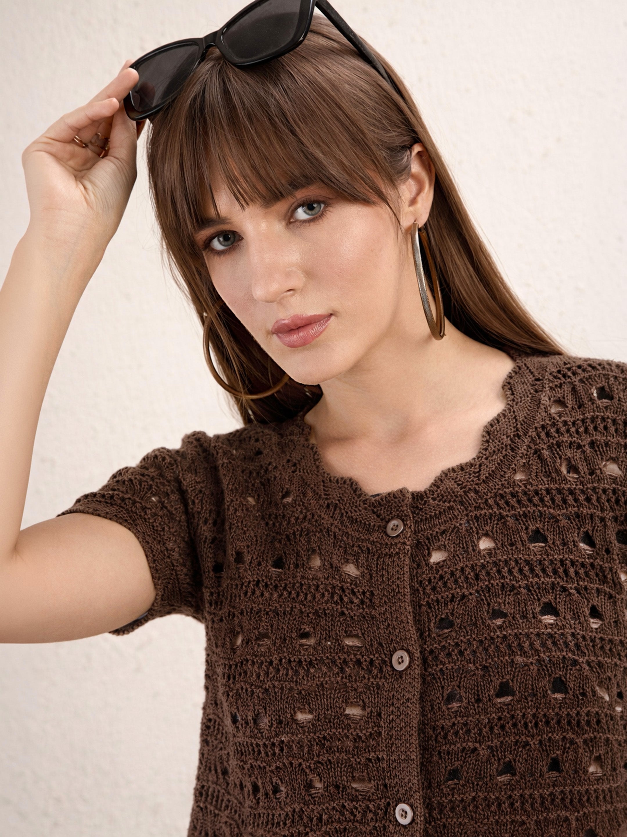Women Brown Round Neck Crochet Top