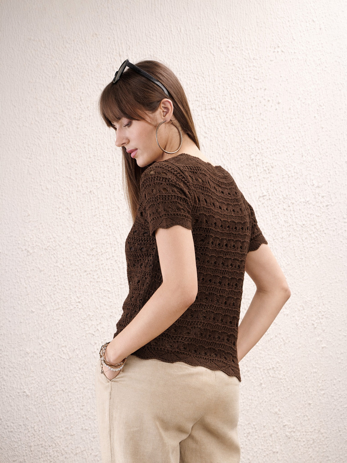 Women Brown Round Neck Crochet Top