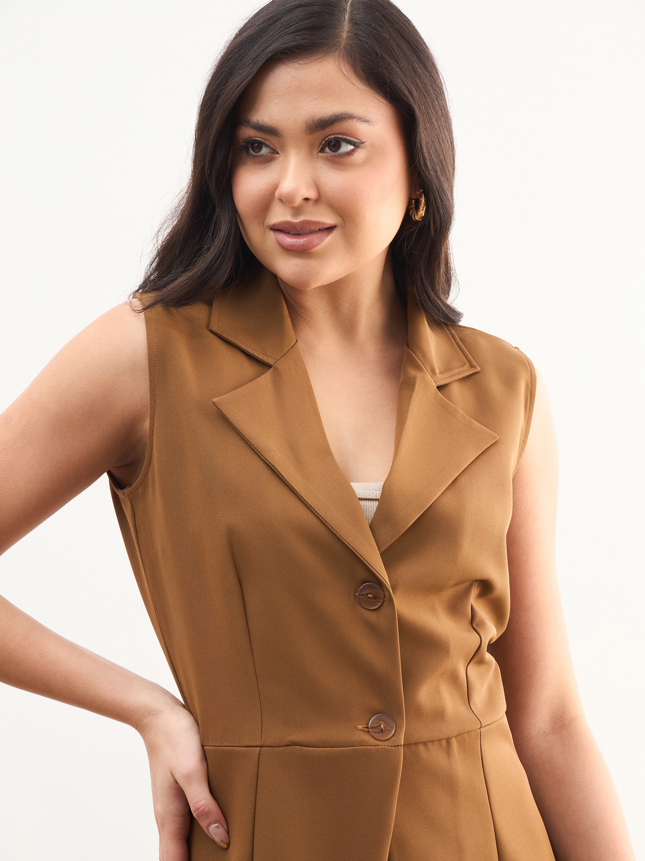 Women Tan Brown Notch Collar Sleeveless Regular Top